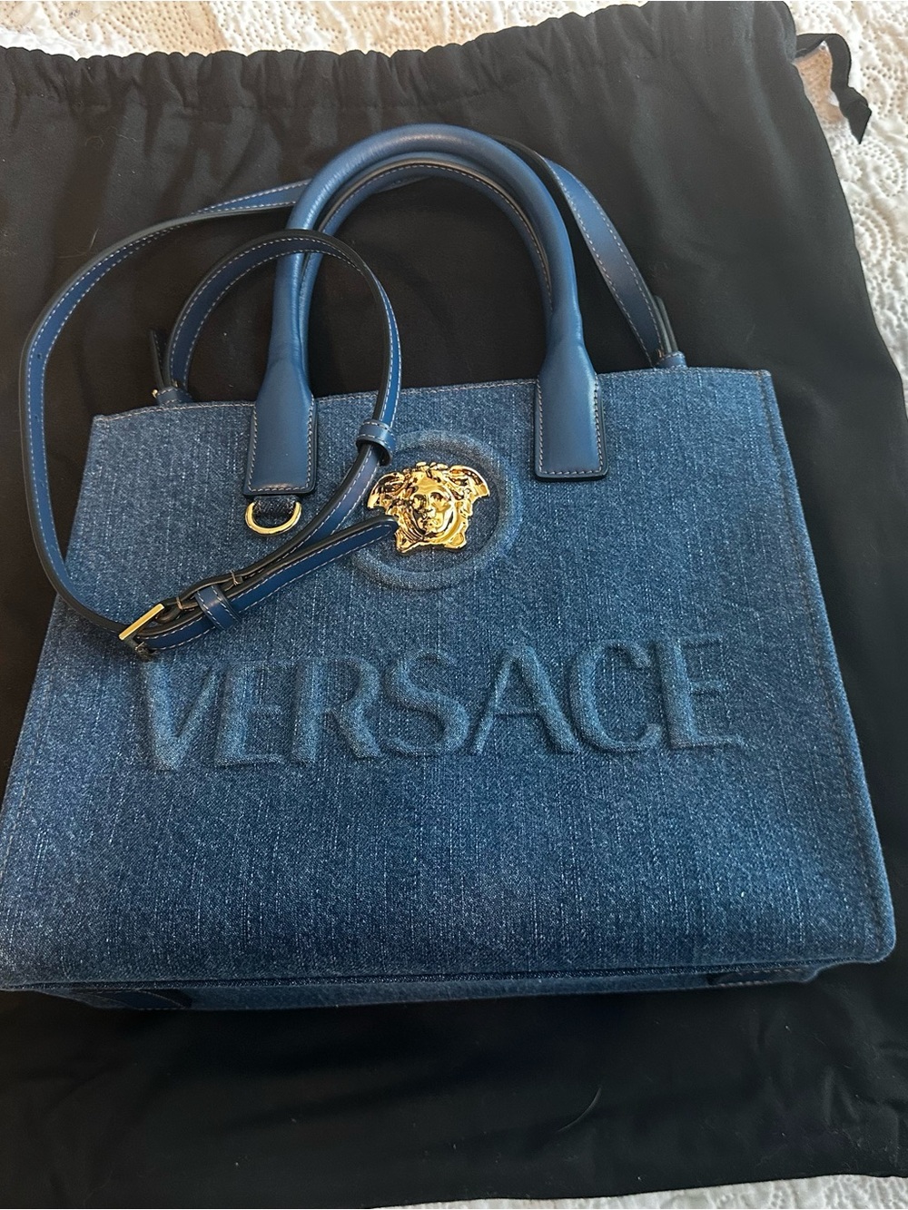 Versace Dark Blue Denim Tote with Gold Medusa Emblem - Picture 5 of 9